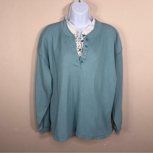 XL Vintage 90s Blue Waffle Knit Thermal Top Floral Long Sleeve Bobbie Brooks - Picture 5 of 13